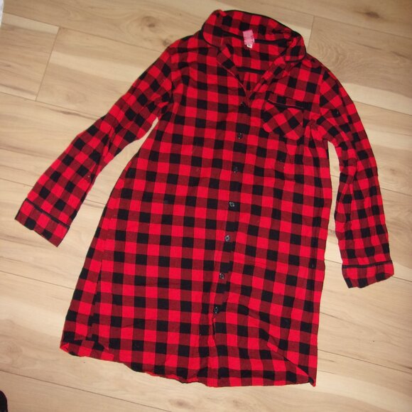 red black size medium plaid womens sleep nightgown long sleeved flannel - Picture 3 of 5
